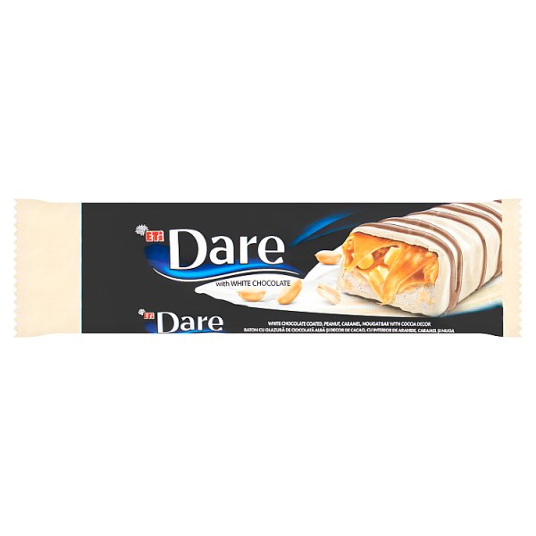 Dare Baton w polewie z białej czekolady z dekorem kakaowym orzeszkami karmelem i nugatem 36 g